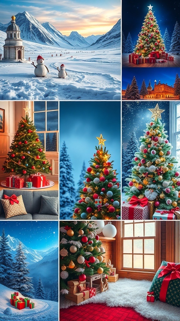 A selection of Christmas-themed HD wallpapers with festive scenes and decorations.
